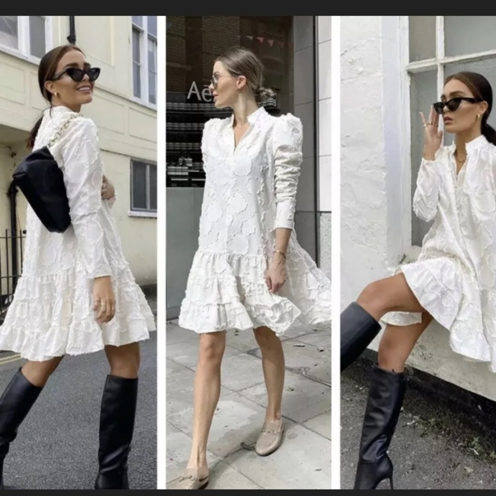 H&M White Long Sleeve Tiered Mini Dress